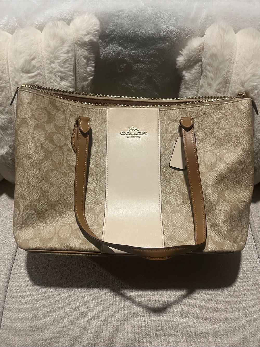 Coach Beige Canvas Tote with Cream Center Panel and Tan Leather Straps